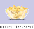 3D chips. Potato crisp snack heap. Crunchy golden slices glass bowl. Crinkle junk food dish. Fried delicious pieces. Spicy appetizer plate. Unhealthy fastfood. Vector realistic object 138963751