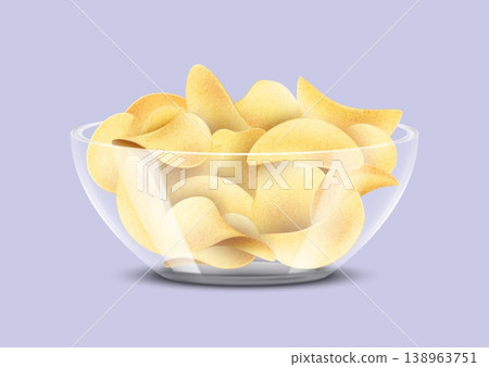 3D chips. Potato crisp snack heap. Crunchy golden slices glass bowl. Crinkle junk food dish. Fried delicious pieces. Spicy appetizer plate. Unhealthy fastfood. Vector realistic object 3D chips. Potato crisp snack heap. Crunchy golden slices glass bowl. Crinkle junk food dish. Fried delicious pieces. Spicy appetizer plate. Unhealthy fastfood. Vector realistic object 138963751