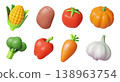 3d vegetables. Fruit food icon, healthy tomato and corn ingredient of farm agriculture. Diet plant cooking on kitchen. Cute carrot, pumpkin and farm broccoli. Vector cartoon glossy vegan set 138963754