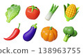 3d plant food. Vegetable diet glossy render, garden cartoon products with leaves. Fresh food grocery menu, healthy vegetarian eating, eggplant and pumpkin. Leaf for salad. Vector icons 138963755