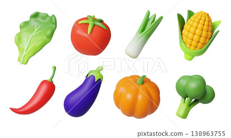 3d plant food. Vegetable diet glossy render, garden cartoon products with leaves. Fresh food grocery menu, healthy vegetarian eating, eggplant and pumpkin. Leaf for salad. Vector icons 138963755