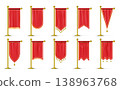 Red flag set. Gold pole for royal ceremonial banner, vertical golden pennant stand or heraldic award. Textile tassel on pillar. Advertising hanging textile. Vector realistic mockups 138963768