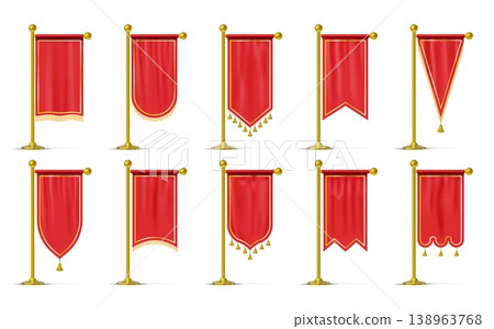 Red flag set. Gold pole for royal ceremonial banner, vertical golden pennant stand or heraldic award. Textile tassel on pillar. Advertising hanging textile. Vector realistic mockups Red flag set. Gold pole for royal ceremonial banner, vertical golden pennant stand or heraldic award. Textile tassel on pillar. Advertising hanging textile. Vector realistic mockups 138963768