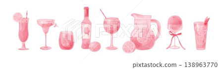 Watercolor aperol. Italian cocktail drink. Hand drawn beverage glass. Lemonade jug with citrus slices. Lemon liqueur bottle. Summer party or bachelorette invitation. Wineglasses vector set 138963770