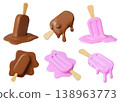 Ice cream melt. Top view of popsicle drip, icecream spill or stick. Summer chocolate food art. 3D glossy render of chocolate and berry dessert various dripping stages. Vector cartoon set 138963773