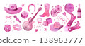 Disco cowgirl set. Pink watercolor party stickers, western girly boots or vintage ball and drink. Bachelorette in Vegas. Guitar festive music isolated decorative elements. Vector print 138963777