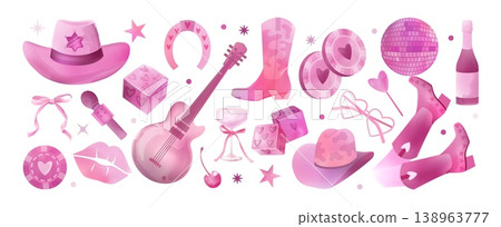 Disco cowgirl set. Pink watercolor party stickers, western girly boots or vintage ball and drink. Bachelorette in Vegas. Guitar festive music isolated decorative elements. Vector print 138963777