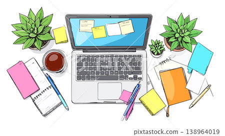 Organized working desk with laptop for remote work 138964019