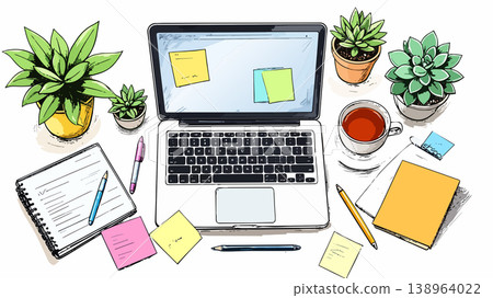 Working desk with laptop, plants and office supplies Working desk with laptop, plants and office supplies 138964022