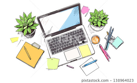 Creative working desk flat lay illustrating remote work 138964023