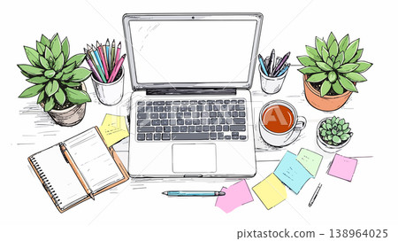 Hand drawing working desk with laptop and office supplies 138964025