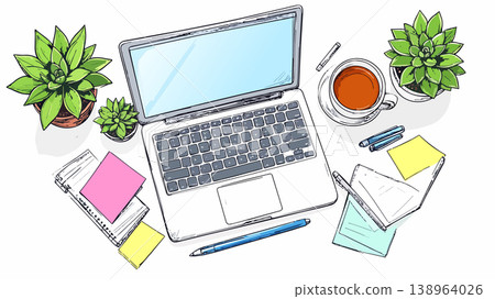 Working desk with laptop, plants, and coffee cup 138964026