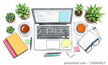 Creative workspace with laptop, coffee, and plants Creative workspace with laptop, coffee, and plants 138964027