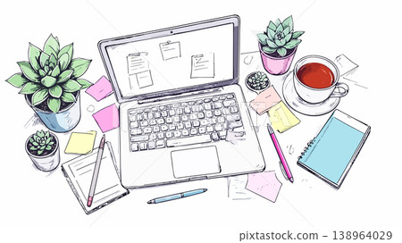 Working desk with laptop, plants, and tea Working desk with laptop, plants, and tea 138964029