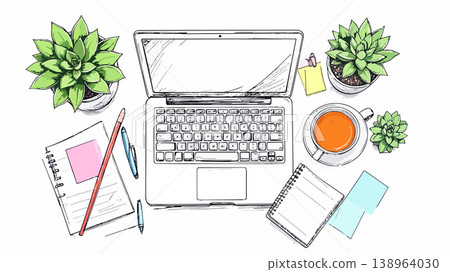 Desktop workspace with open laptop and green plants Desktop workspace with open laptop and green plants 138964030