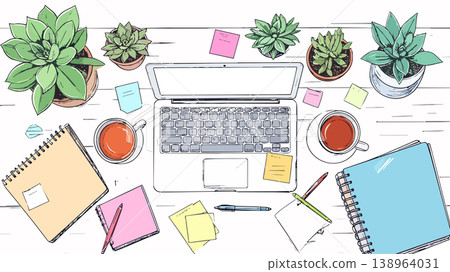 Productive workspace with laptop, coffee, and plants 138964031