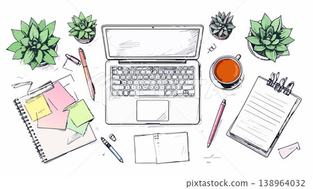 Creative workspace flat lay with laptop and plants Creative workspace flat lay with laptop and plants 138964032