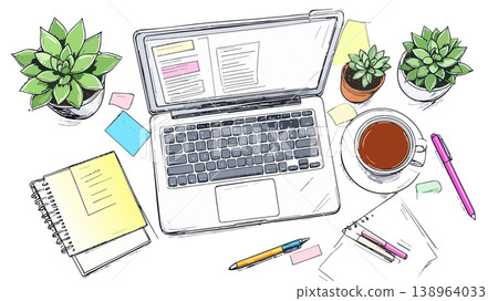 Creative workspace flat lay with laptop and plants Creative workspace flat lay with laptop and plants 138964033