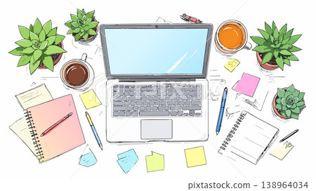 Productive workspace with laptop, coffee, and plants Productive workspace with laptop, coffee, and plants 138964034
