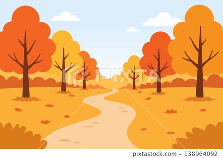 Autumn forest landscape with winding path, orange trees and blue sky background in flat vector style. 138964092