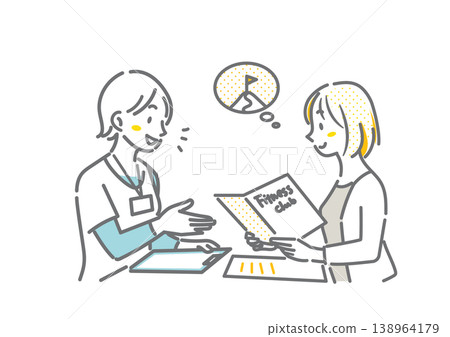 A fitness club instructor giving a membership explanation to a woman listening to him - a simple and stylish line drawing illustration. 138964179