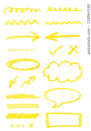 一組手繪的底線標記、對話氣泡和箭頭。用於突出顯示重點。黃色。 一組手繪的底線標記、對話氣泡和箭頭。用於突出顯示重點。黃色。 138964198