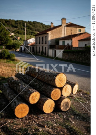 Timber stacks beside a country road; the tranquil countryside amidst logs. 138964232