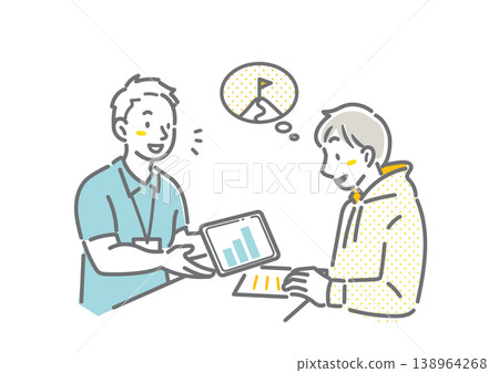 健身俱樂部教練正在向一位正在聽講的男士講解會員規則——簡潔時尚的線條畫插圖。 健身俱樂部教練正在向一位正在聽講的男士講解會員規則——簡潔時尚的線條畫插圖。 138964268