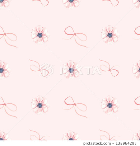 Watercolor pink anemone flowers and bows baby girl seamless pattern on a pink background. Perfect for fabric, textile, wrapping paper, wallpaper and baby shower design. Watercolor pink anemone flowers and bows baby girl seamless pattern on a pink background. Perfect for fabric, textile, wrapping paper, wallpaper and baby shower design. 138964295