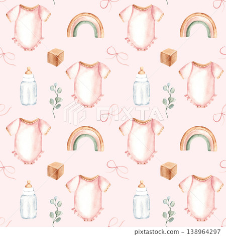 Baby girl seamless pattern. Watercolor pink onesie or bodysuit, milk bottle, wooden toys and eucalyptus on a pink pastel background. Suitable for fabric, textile, wallpaper, wrapping paper and baby 138964297