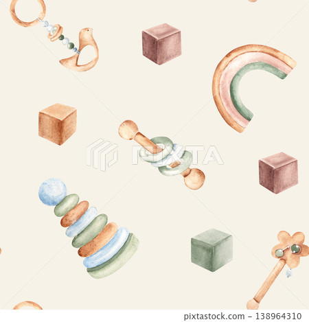 Baby seamless pattern. Watercolor wooden toys and rattles. Suitable for fabric, textile, wallpaper, wrapping paper and baby shower designs. 138964310