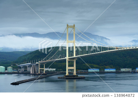 Muroran, Hokkaido, Japan - Oct 04 2024, panoramic view of the cable-stayed Hakucho Bridge, at daytime, Muroran, Japan Muroran, Hokkaido, Japan - Oct 04 2024, panoramic view of the cable-stayed Hakucho Bridge, at daytime, Muroran, Japan 138964872