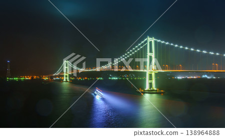 Muroran, Hokkaido, Japan - Oct 04 2024, panoramic view of the cable-stayed Hakucho Bridge, at night, Muroran, Japan Muroran, Hokkaido, Japan - Oct 04 2024, panoramic view of the cable-stayed Hakucho Bridge, at night, Muroran, Japan 138964888