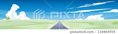 Banner background of asphalt road strode straight ahead. Amidst the empty space of rolling hills covered in green grass, a solitary tree stood. Under a clear blue sky, clouds drifted by the wind. Banner background of asphalt road strode straight ahead. Amidst the empty space of rolling hills covered in green grass, a solitary tree stood. Under a clear blue sky, clouds drifted by the wind. 138964959
