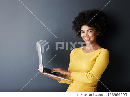 Online class, work and portrait of black woman with laptop, mockup and happiness in studio background. Computer, research and college student typing on keyboard for working, project or e learning 138964995