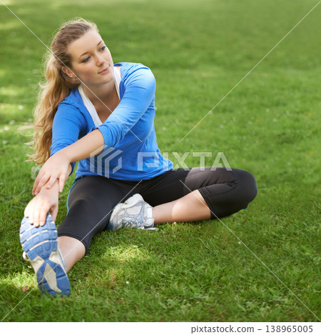 Woman, stretching and hands on legs on grass, park or outdoor at start of exercise or workout. Female, athlete or person in warm up with shoes on feet with fitness, preparation or healthy routine Woman, stretching and hands on legs on grass, park or outdoor at start of exercise or workout. Female, athlete or person in warm up with shoes on feet with fitness, preparation or healthy routine 138965005