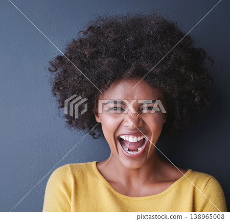 Laughing, black woman and portrait in studio with happiness, comedy or freedom in mockup space. Happy, face and African lady smile, emoji or crazy reaction to joke or humor on grey background Laughing, black woman and portrait in studio with happiness, comedy or freedom in mockup space. Happy, face and African lady smile, emoji or crazy reaction to joke or humor on grey background 138965008