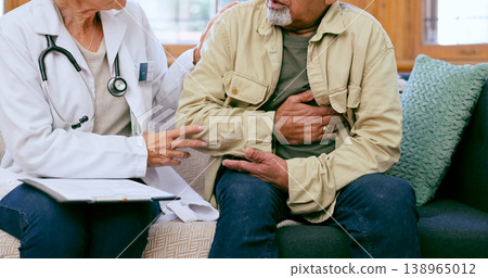 Doctor, senior man and hand on chest for cardiology exam, consulting or advice for pain on sofa. Medic woman, elderly patient or check for cardiovascular system, lungs or breathing on couch at clinic 138965012