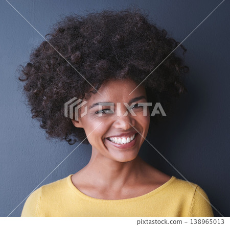 Happy, college student and portrait of black woman in studio, background and education mockup. African, face and person with smile for university, scholarship and happiness at academy for learning 138965013