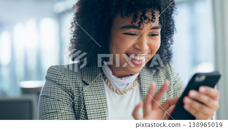 Phone, smile and funny with a business woman reading a meme or text message in her professional office. Happy, communication or networking with a young employee laughing at news on a mobile app Phone, smile and funny with a business woman reading a meme or text message in her professional office. Happy, communication or networking with a young employee laughing at news on a mobile app 138965019