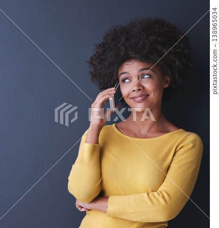 Black woman, thinking and phone call with ideas, doubt or confused emoji in studio background. African, face and person conversation with questions, gossip or listening to drama communication 138965034