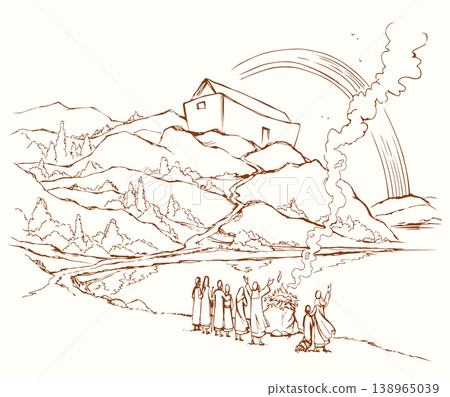 Vector drawing. Noah Offers a Sacrifice to God Vector drawing. Noah Offers a Sacrifice to God 138965039