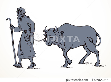 Vector drawing. A man leads an ox 138965056