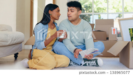 Home renovation, color palette and couple on floor in new house for choice, decision and decoration option. Interior design, apartment and man and woman with boxes for planning in living room 138965077