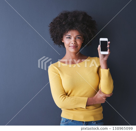 Phone, screen and portrait of black woman with social media, communication and mockup space. Cellphone, display and online chat, connection or advertising mobile app promotion with technology Phone, screen and portrait of black woman with social media, communication and mockup space. Cellphone, display and online chat, connection or advertising mobile app promotion with technology 138965099