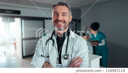 Surgeon, hospital or professional man, happy nurse or cardiologist with career smile, doctor service job or vocation. Employee portrait, work commitment or confident clinic worker for health wellness 138965119