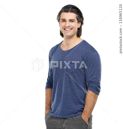 Portrait, fitness and man with tshirt, smile and confident guy isolated on a white studio background. Person, mockup space and model with casual outfit, wellness and proud with health and muscle 138965120