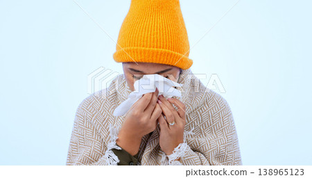 Sick, virus and woman with tissue in studio, background and mockup for flu, healthcare and blowing nose. Bacteria, sinus infection and person care for wellness, medical illness or hayfever allergies Sick, virus and woman with tissue in studio, background and mockup for flu, healthcare and blowing nose. Bacteria, sinus infection and person care for wellness, medical illness or hayfever allergies 138965123