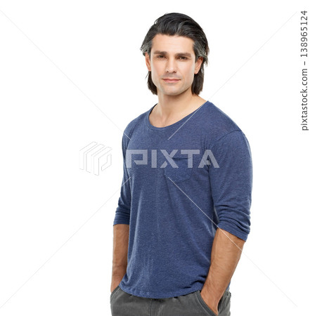 Portrait, fashion and mature man with confidence, casual and cool guy isolated on a white studio background. Person, handsome and model with health, comfortable clothes and proud with wellness Portrait, fashion and mature man with confidence, casual and cool guy isolated on a white studio background. Person, handsome and model with health, comfortable clothes and proud with wellness 138965124