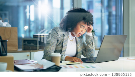 Headache, stress and business woman on laptop in office dizzy, vertigo or exhausted by deadline pressure. Burnout, migraine and female designer with anxiety for glitch 404 or internet, crisis or fail Headache, stress and business woman on laptop in office dizzy, vertigo or exhausted by deadline pressure. Burnout, migraine and female designer with anxiety for glitch 404 or internet, crisis or fail 138965155